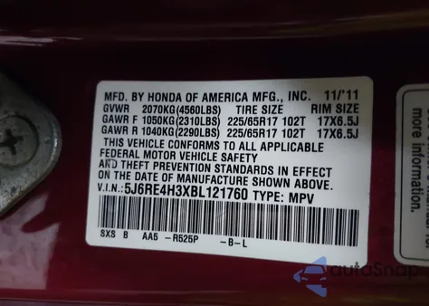 2011 Honda Cr-V Lx z USA, uszkodzony, nr VIN 5J6RE4H3XBL121760